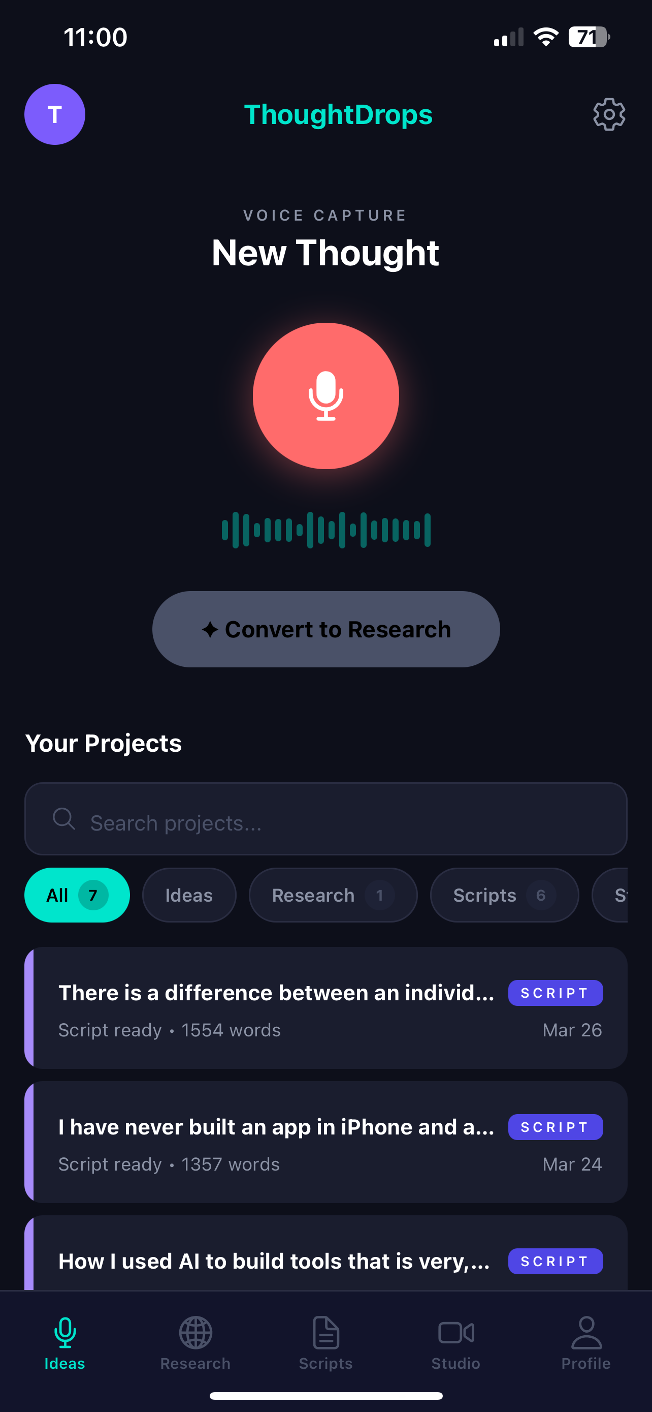 ThoughtDrops app — record a thought and get a video script